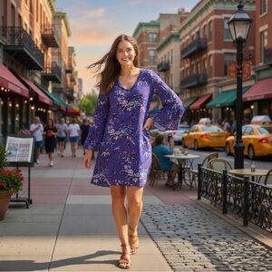 LOFT Long Sleeve Lightweight Floral Purple Dress